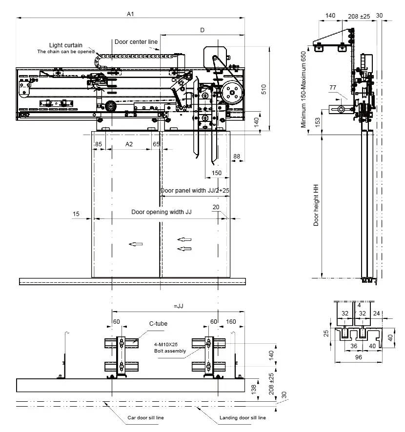 600mm - 1400mm Passenger Elevator Door Operator 2 Leafs Side Opening 1 Year Warranty